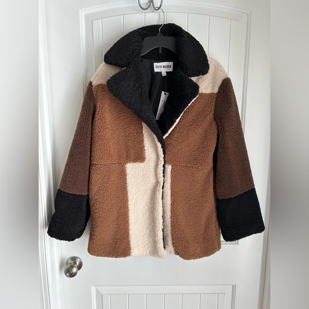 NWT Steve Madden S Willow Coat Teddy Colorblock Oversized Collared Brown Black